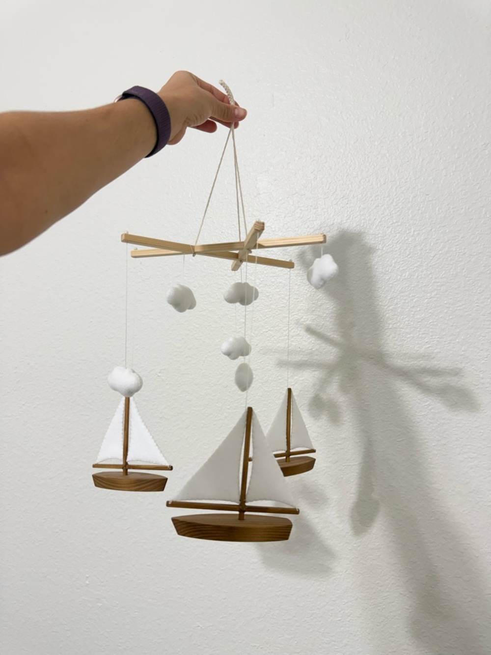 Nautical Wooden Sailboat Mobile with White Sails
